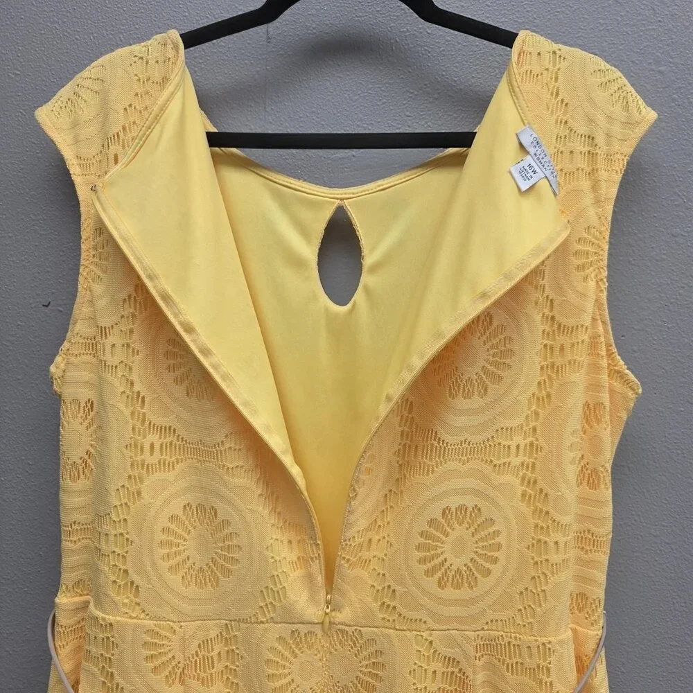 London Style Collection Dress Womens 16W Yellow Lace Fit & Flare Belted Keyhole - Picture 6 of 12